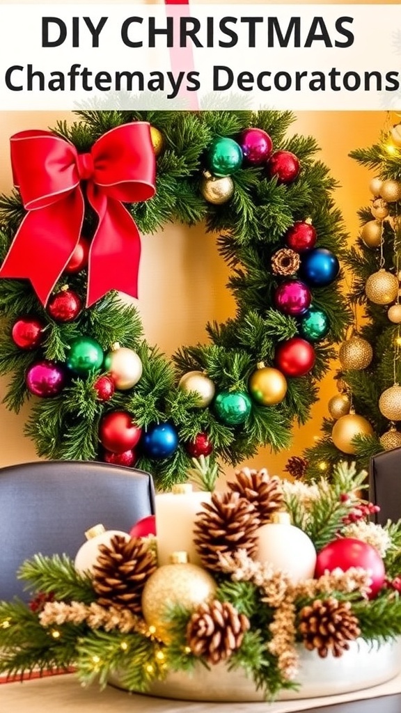 DIY Christmas decorations including a wreath and table centerpiece made from Dollar Tree supplies.